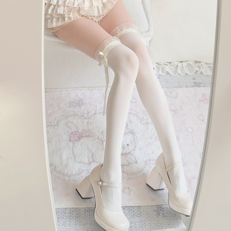 日系少女甜美感蝴蝶结丝袜 网红新品女纯色过膝袜大腿袜子批发