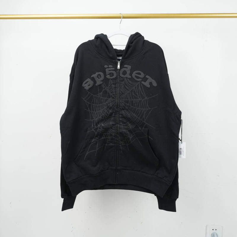 thumbnail for Casual spider web print logo hooded long sleeve zip jacket