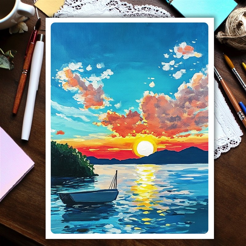 灿烂风景临摹卡水粉风景水彩风景装饰画丙烯儿童创意美术明信片图片