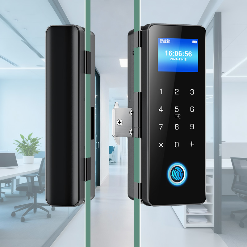 玻璃门密码锁办公室双开单门双门有框电子指纹公司智能门锁免开孔