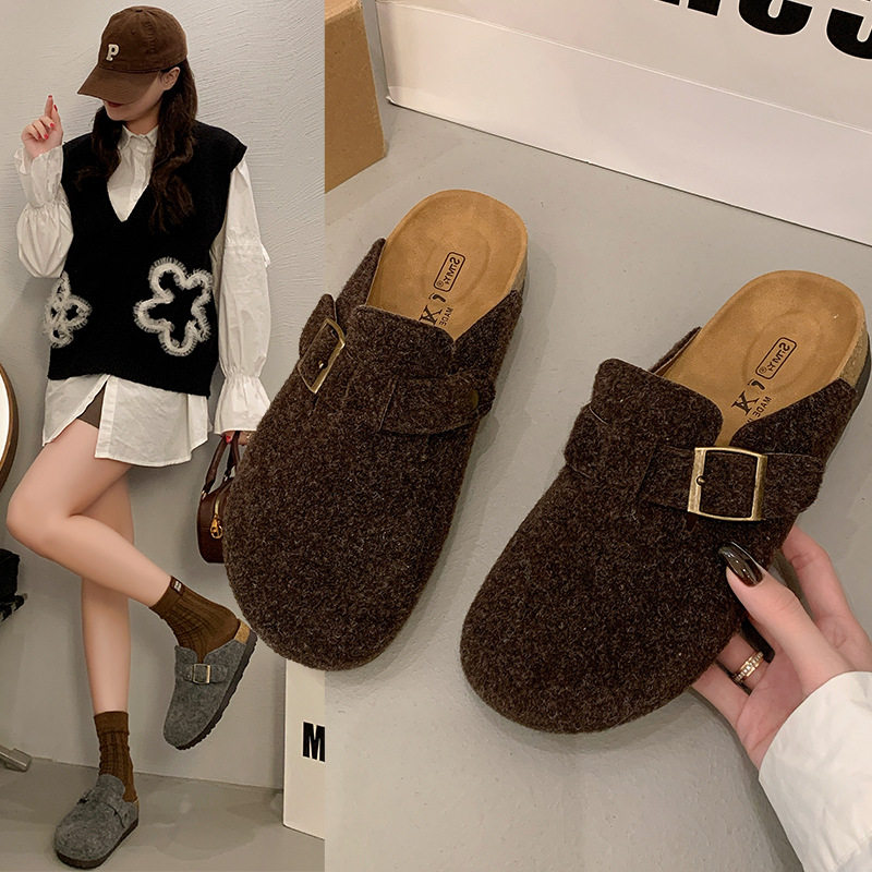 毛呢厚底鞋女秋冬外穿复古一脚蹬拖鞋包头半拖鞋包其他拖鞋休闲包