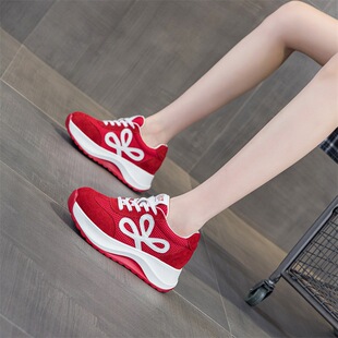 厚底运动阿甘鞋女秋季德训鞋安拉红拼色休闲老爹时尚休闲系带网带