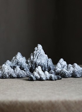 新中式鱼缸雪山造景石头微景观陶瓷假山流水摆S件枯山水只此青绿