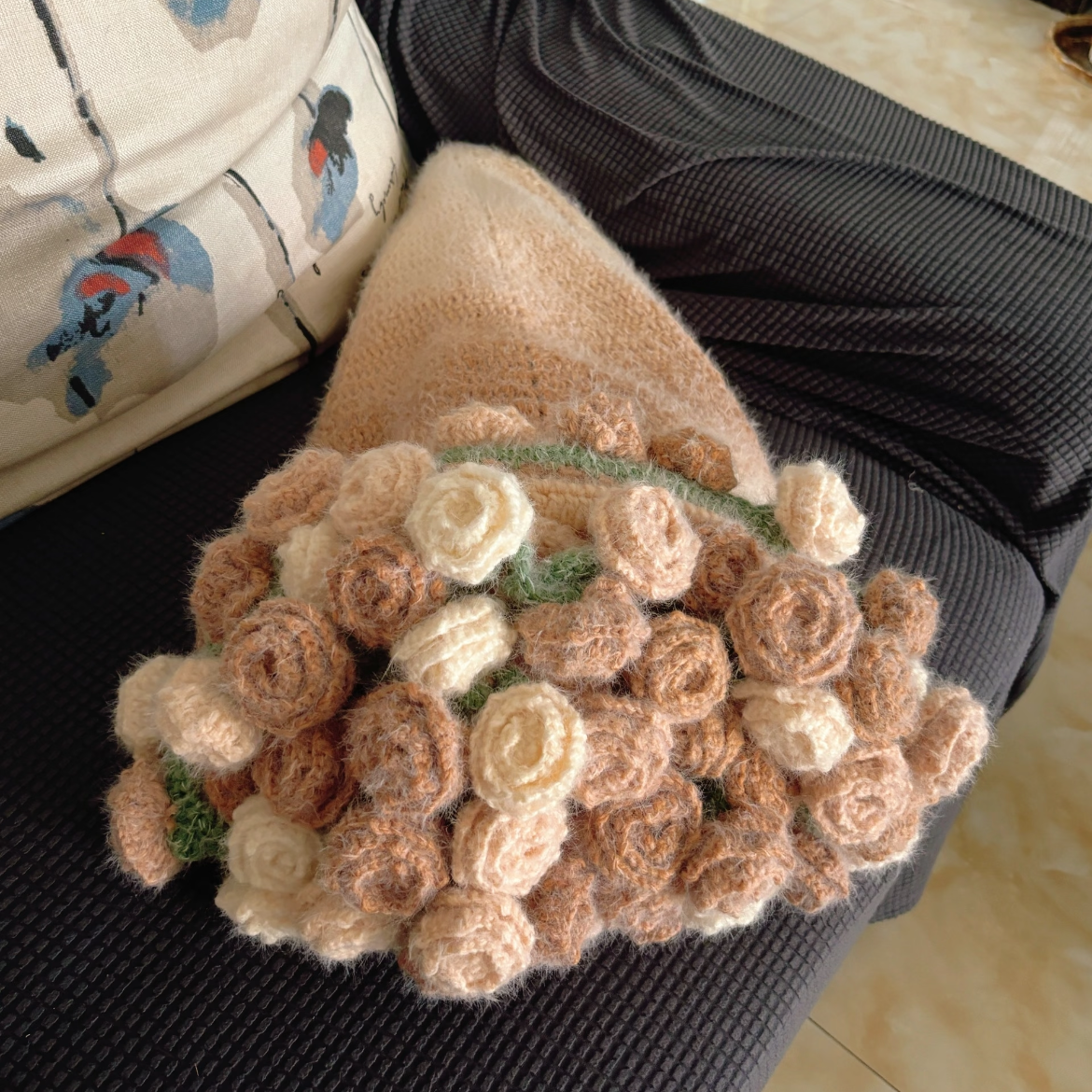 秋冬季玫瑰花束毯子官方雪球丁达尔彩色渐变含羊毛线diy手工编织