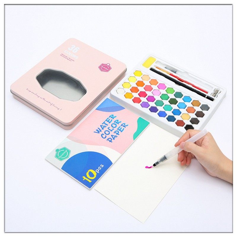 水彩颜料固体36色水彩画套装水粉饼铁盒分装颜料初学者美术学生用