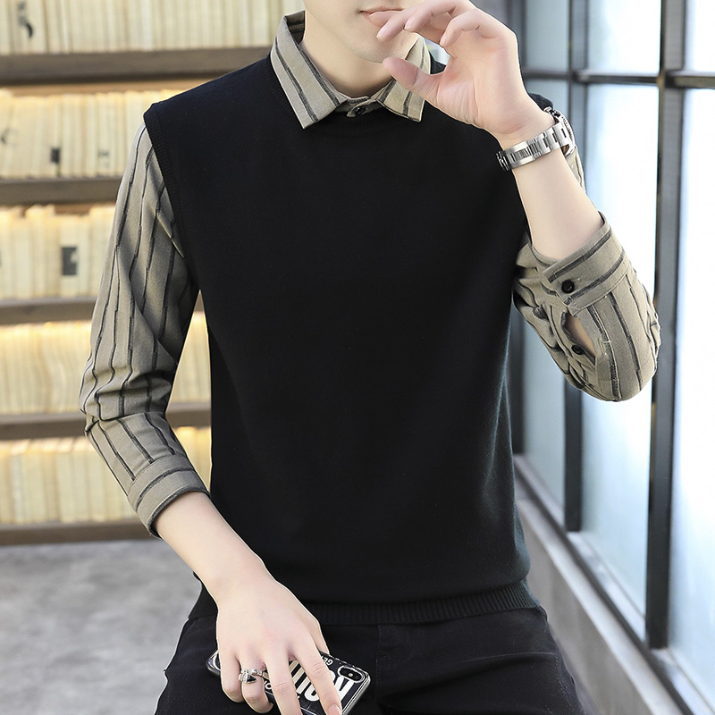 假两件毛衣男秋冬加绒加厚2021新款男士衬衫领针织条纹打底衫上衣