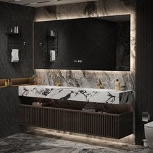 轻奢酒店风岩板无缝双盆浴室柜组合卫生间洗漱台实木X洗手洗脸盆