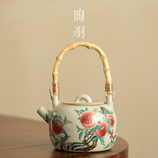 米黄汝窑九桃f提梁壶家用手提单壶陶瓷功夫茶具大容量泡茶壶泡茶