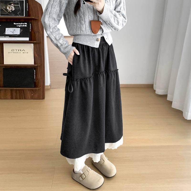 蕾丝花边星空尼半身裙女秋冬高腰显瘦设计感系带木耳边A字中长裙,女装/女士精品,半身裙,淘宝优惠券,粉丝福利购,淘宝优惠卷