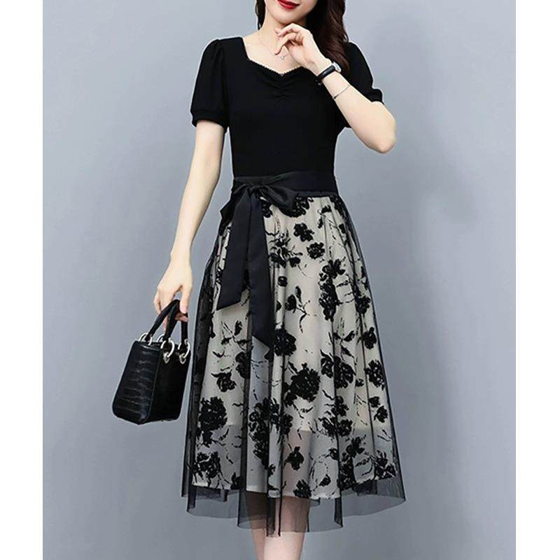 女装连衣裙夏2024新款网纱拼接休闲遮肉显瘦小个子气质洋气中长裙,女装/女士精品,连衣裙,淘宝优惠券,粉丝福利购,淘宝优惠卷