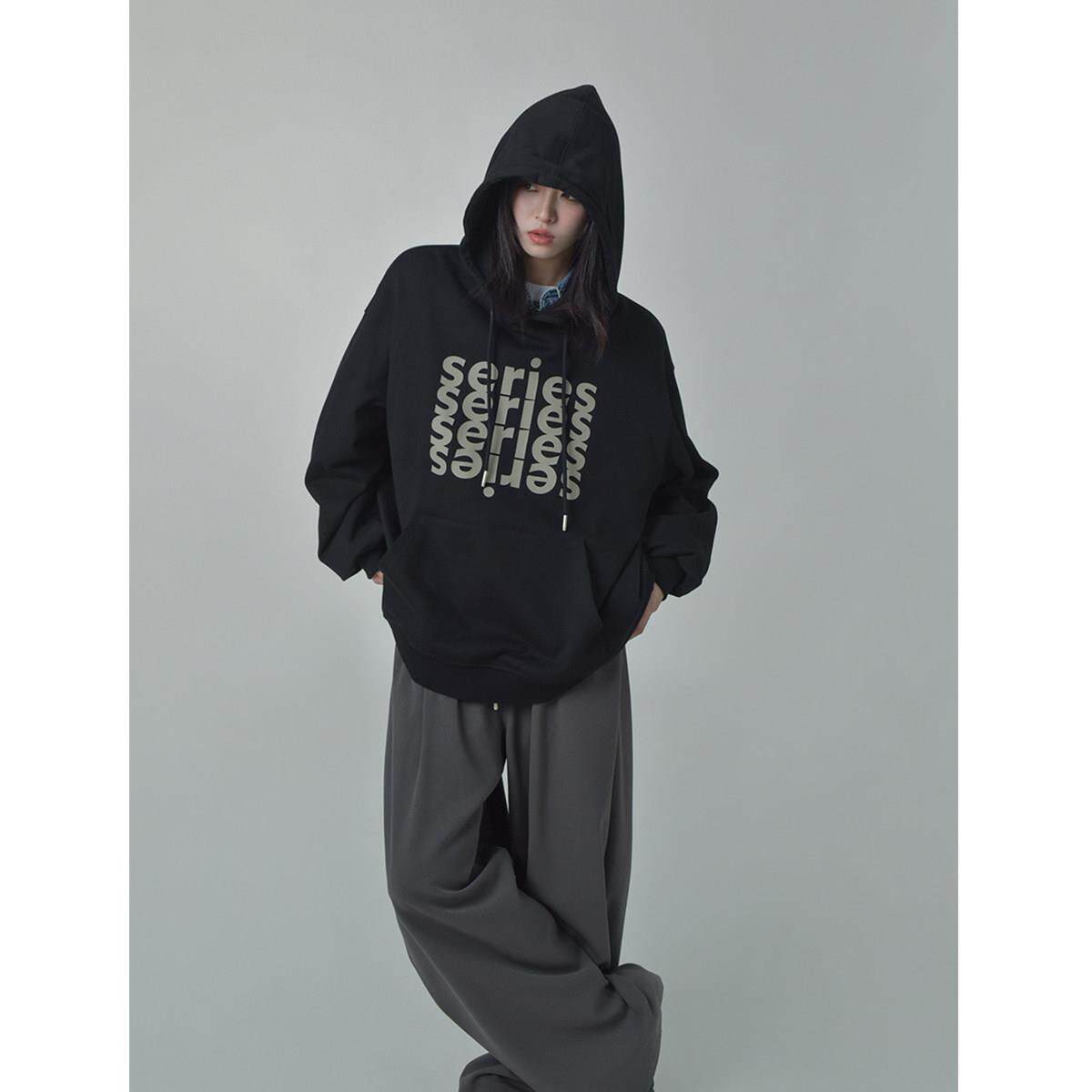 SIXI四喜家春季 多层字母堆叠连帽卫衣女宽松运动风休闲套头外套