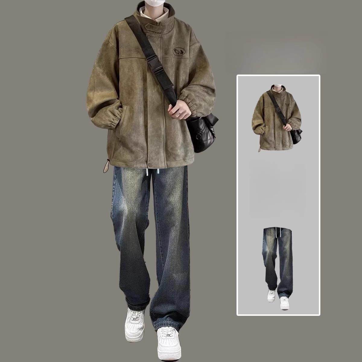 美式麂皮绒夹克男士一整套穿搭春秋季2025新款套装加绒外套高级感