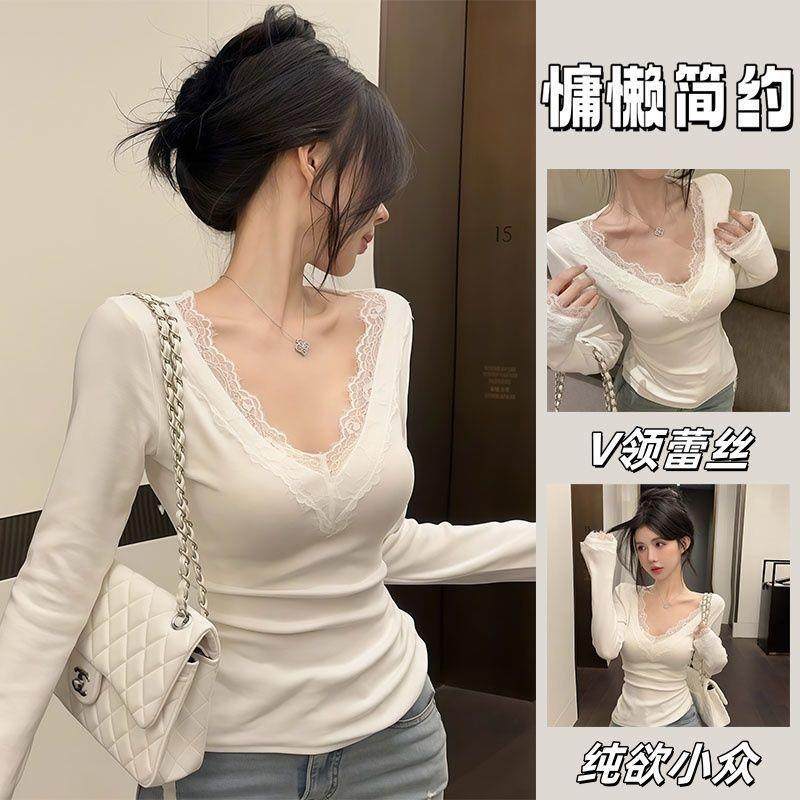 纯欲蕾丝花边白色长袖德绒打底衫女秋季新款高级感修身内搭上衣潮,女装/女士精品,T恤,淘宝优惠券,粉丝福利购,淘宝优惠卷