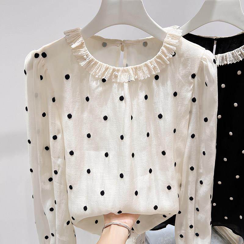 2025新款法式气质显瘦圆领花边拼接波点套头长袖上衣女秋季