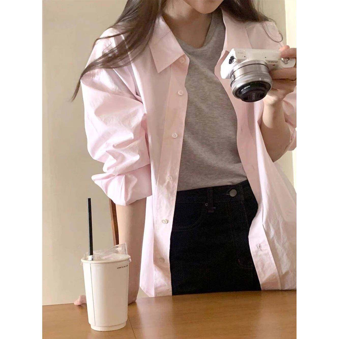 韩系粉色衬衫女长袖上衣春夏季宽松显瘦时尚减龄纯色防晒衬衣,女装/女士精品,衬衫,淘宝优惠券,粉丝福利购,淘宝优惠卷