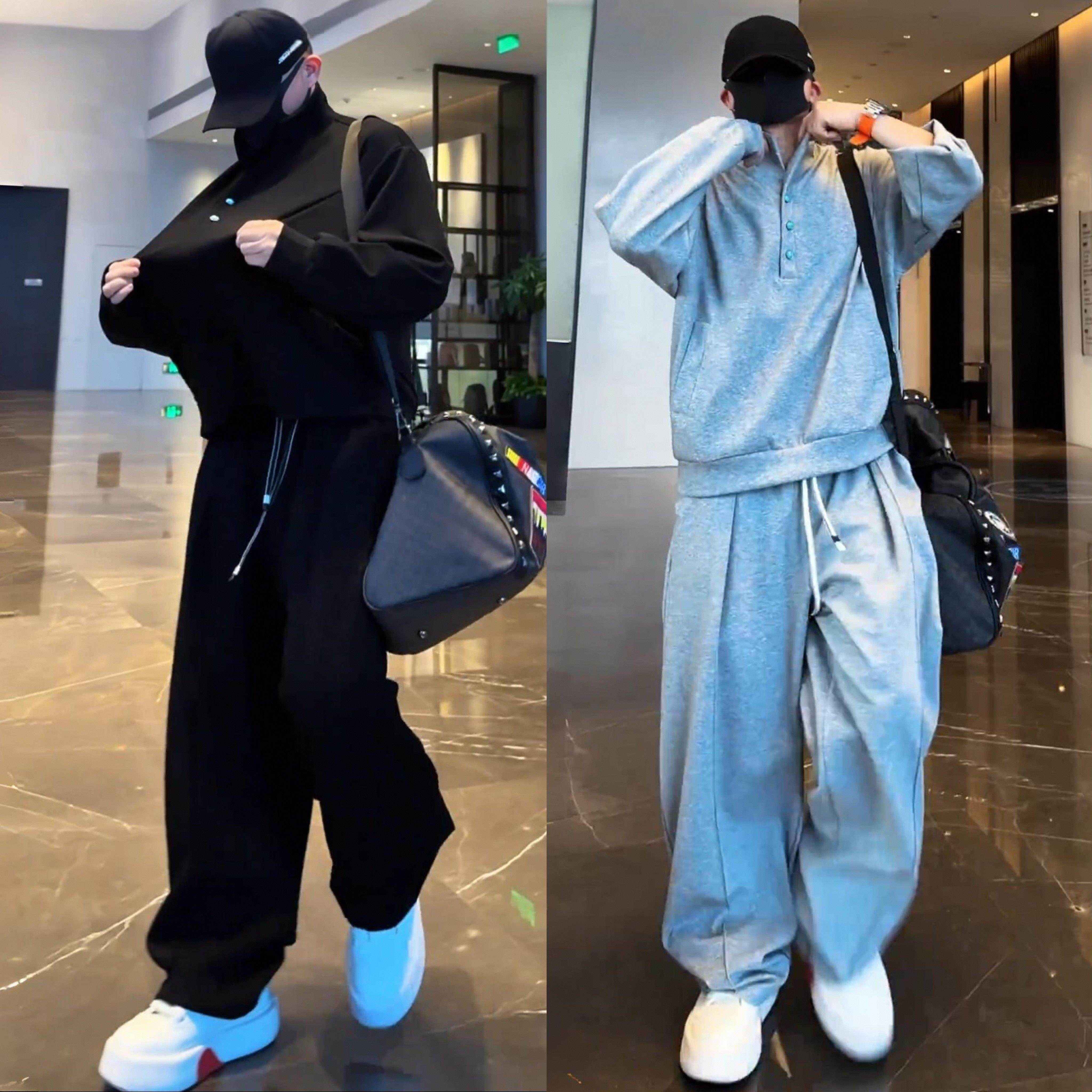 春秋时尚绿松石扣休闲运动套装男韩系简约套头卫衣卫裤宽松两件套