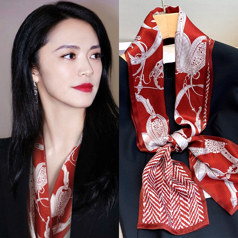教师节礼物红色真丝长条丝巾女2024新款高级感双面护颈飘带窄围巾