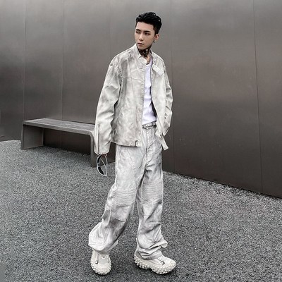 我叫得仔高级感美式脏洗做旧PU皮机车夹克男废土复古白色时尚套装