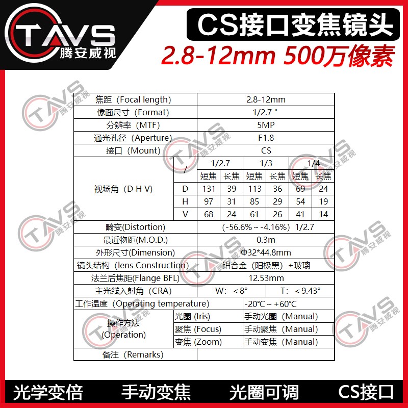 2.8-12mm手动变焦镜头500万像素CS口1/2.7英寸监控摄像机器材配件