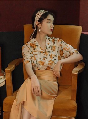 显瘦轻熟两件套裙子复古高腰黄色半身裙气质港风套装女夏花色衬衫
