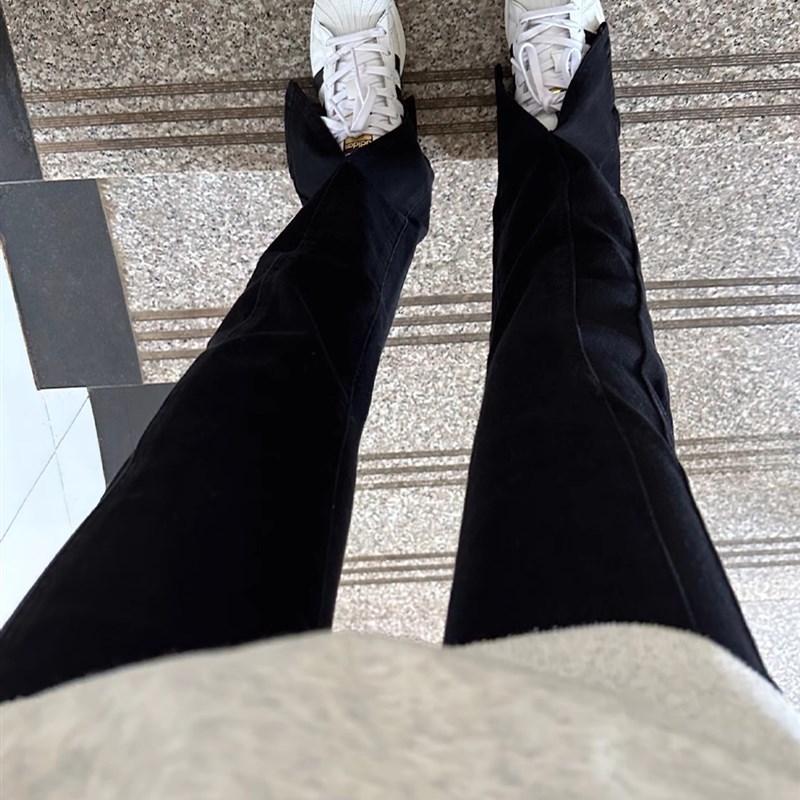 黑色微喇开叉牛仔裤女秋冬大码胖妹妹高腰宽松显瘦直筒阔腿长裤子