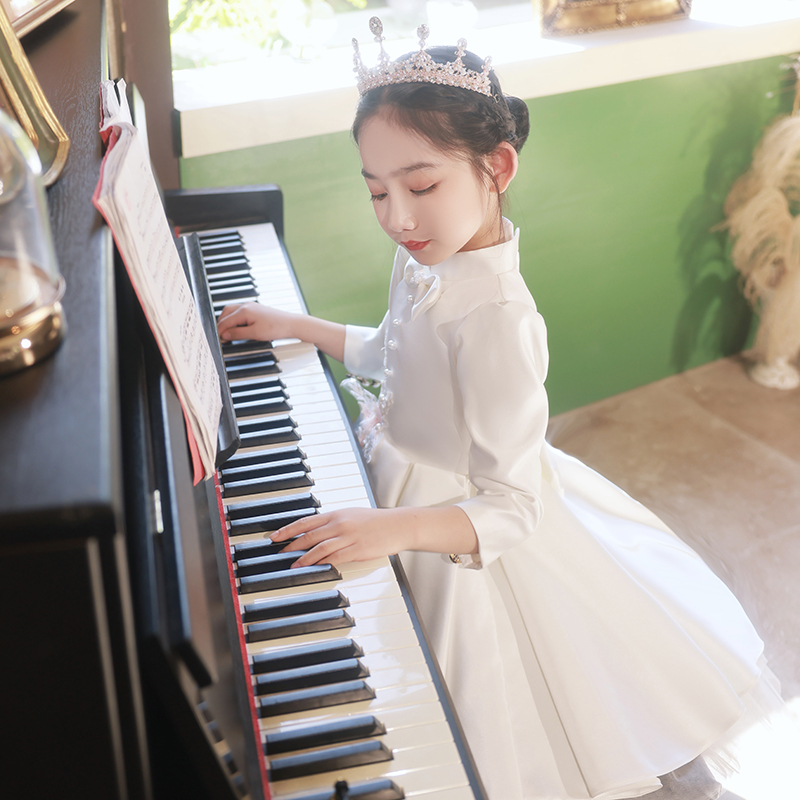 女童生日公主裙高端花童婚礼小女孩礼服儿童钢琴演出服主持人缎面