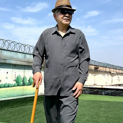 男夏季老爷薄款多口袋长袖衬衫两件套中老年爸爸加肥加大衬衣套装