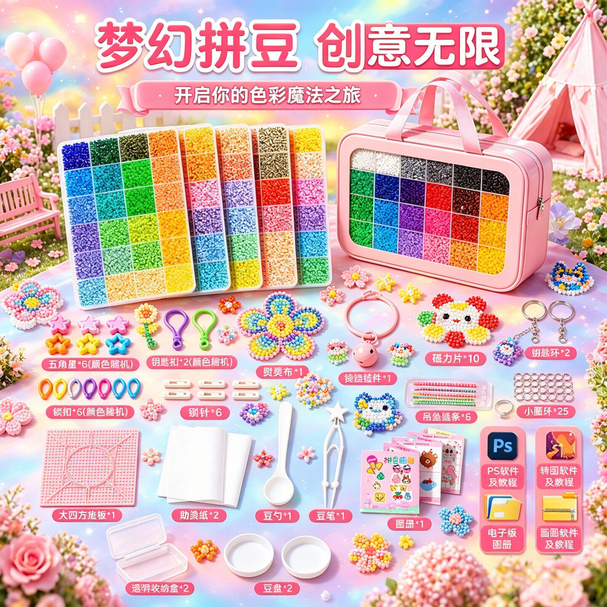 拼豆套装儿童手工diy立体拼图男女孩益智拼拼豆豆全套熨斗玩具女