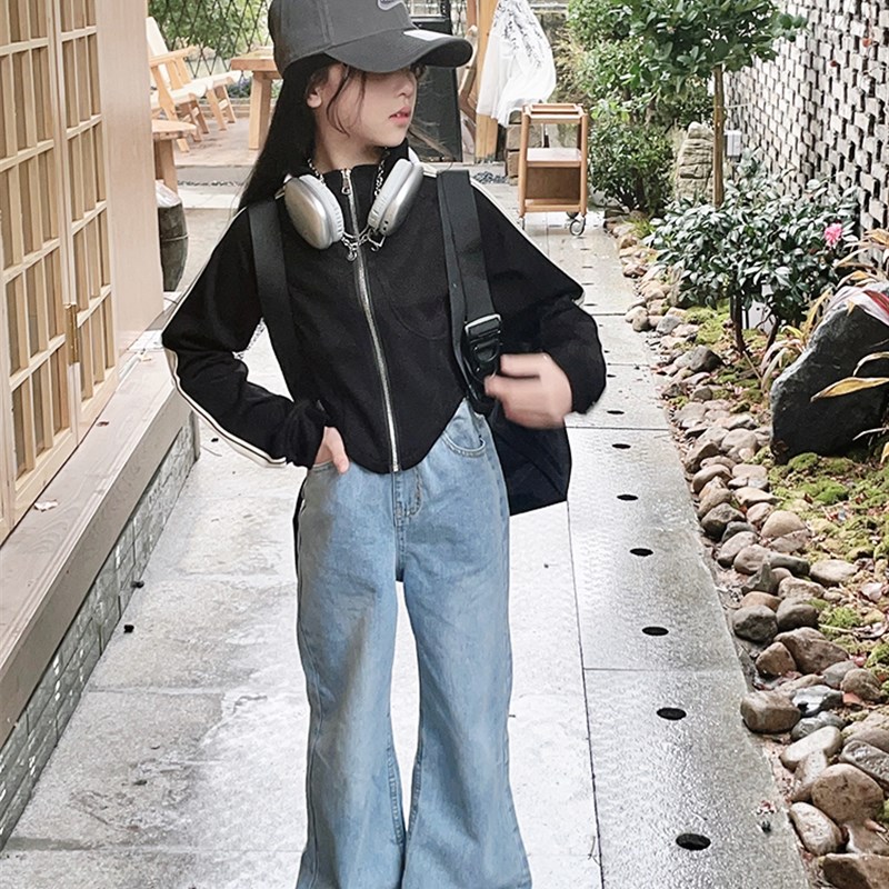 小梦韩女童高腰阔腿裤牛仔裤春秋装儿童直筒裤长裤子垂坠感休闲裤