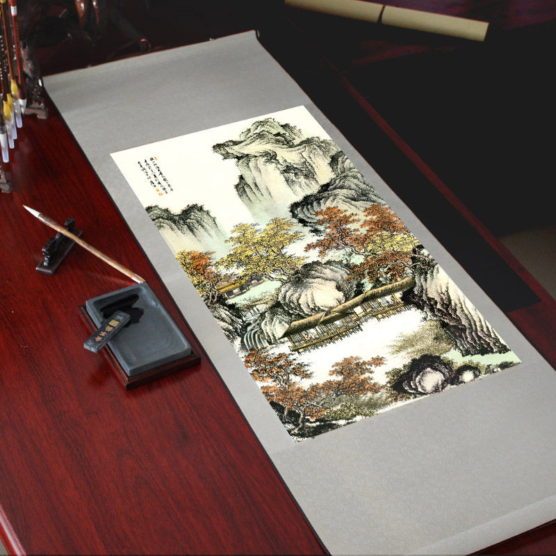 丝绸卷轴画唐伯虎国画山水画古代名画办公室客厅竖版复古装饰挂画