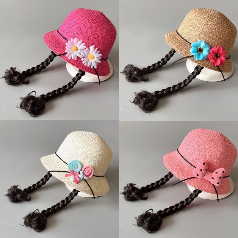 儿童遮阳帽子女童夏天草帽宝宝防晒沙滩帽太阳渔夫假发辫子凉帽