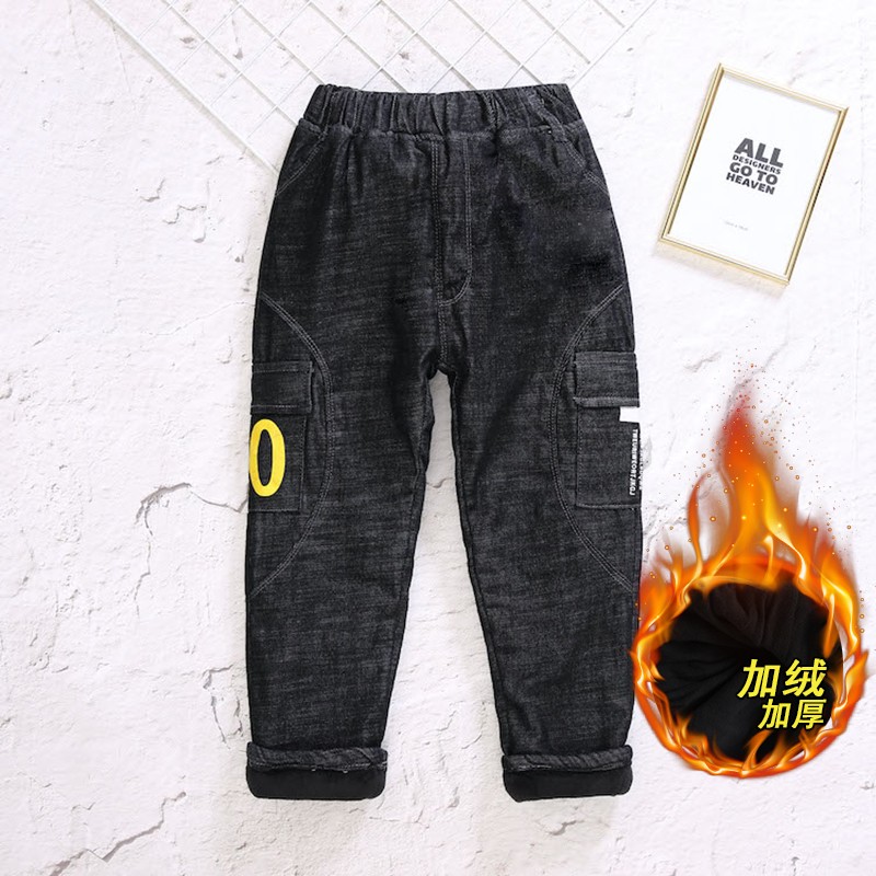 冬装14男童裤子加绒加厚5牛仔裤八小男孩棉裤9外穿中大童7加棉6岁