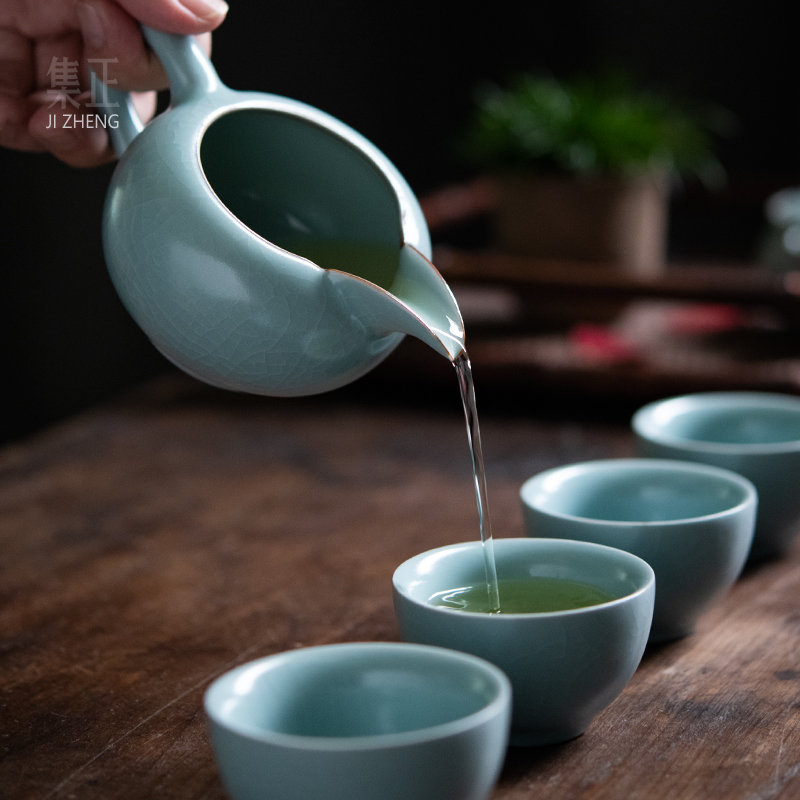 集正 满釉烧汝窑公道杯 柏彩带把匀杯汝瓷开片陶瓷厚实分茶杯