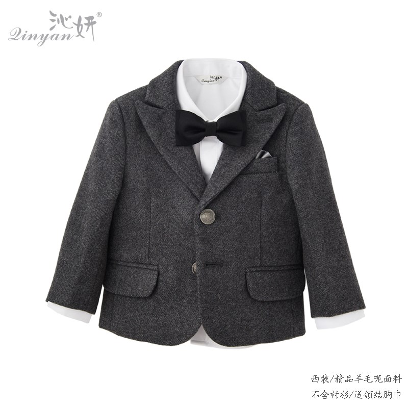 男童西装格调灰冬季加厚毛呢英伦外套模特主持人服装男宝单件西服
