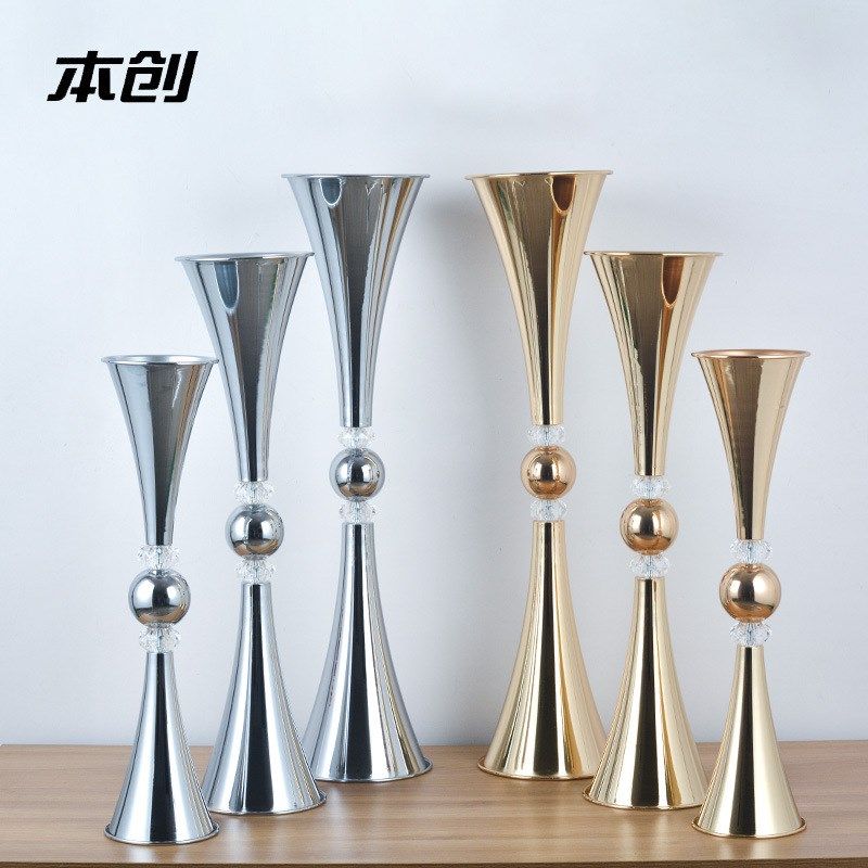 婚礼用品铁艺金色l花架路引花器婚庆布置喇叭花瓶餐桌装饰花盆摆