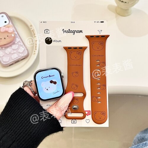 棕色小熊头适用iwatchs11/10苹果手表表带SE硅胶Applewatchs9/8/7