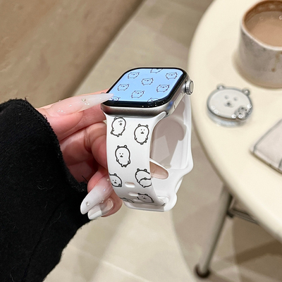 自嘲熊适用苹果手表表带iwatchS11/10/9硅胶Apple/2ultra白SE可爱