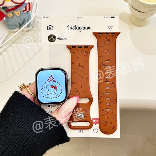 棕色音符猫咪线条适用iwatchs11/10苹果手表表带硅胶Applewatchs9