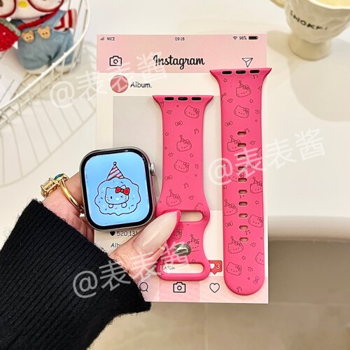 音符猫咪线条适用iwatchs11/10苹果手表表带玫红硅胶Applewatchs9