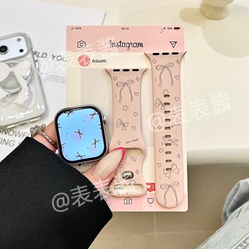 爱心蝴蝶结适用iwatchs11/10苹果手表表带硅胶Applewatchs9/8粉色