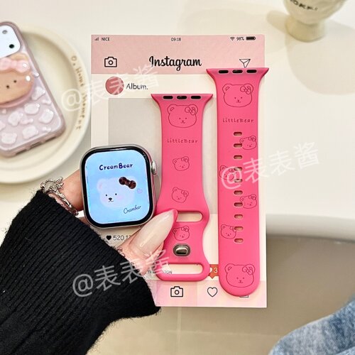 玫红小熊头适用iwatchs11/10苹果手表表带SE硅胶Applewatchs9/8/7