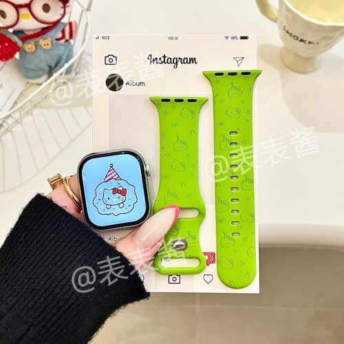 音符猫咪线条适用iwatchs11/10苹果手表表带硅胶Applewatchs9绿色