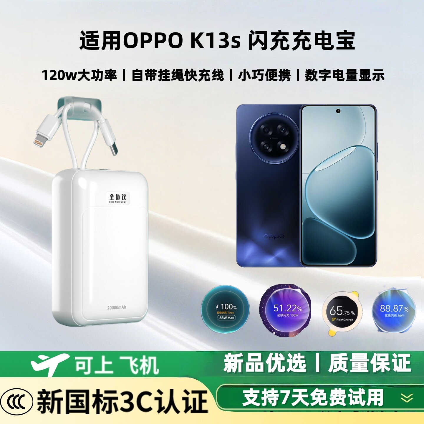 【新国标3c认证 可上飞机】适用oppok13s闪充充电宝120w/100w/80w超级双向快充大容量20000毫安移动电源