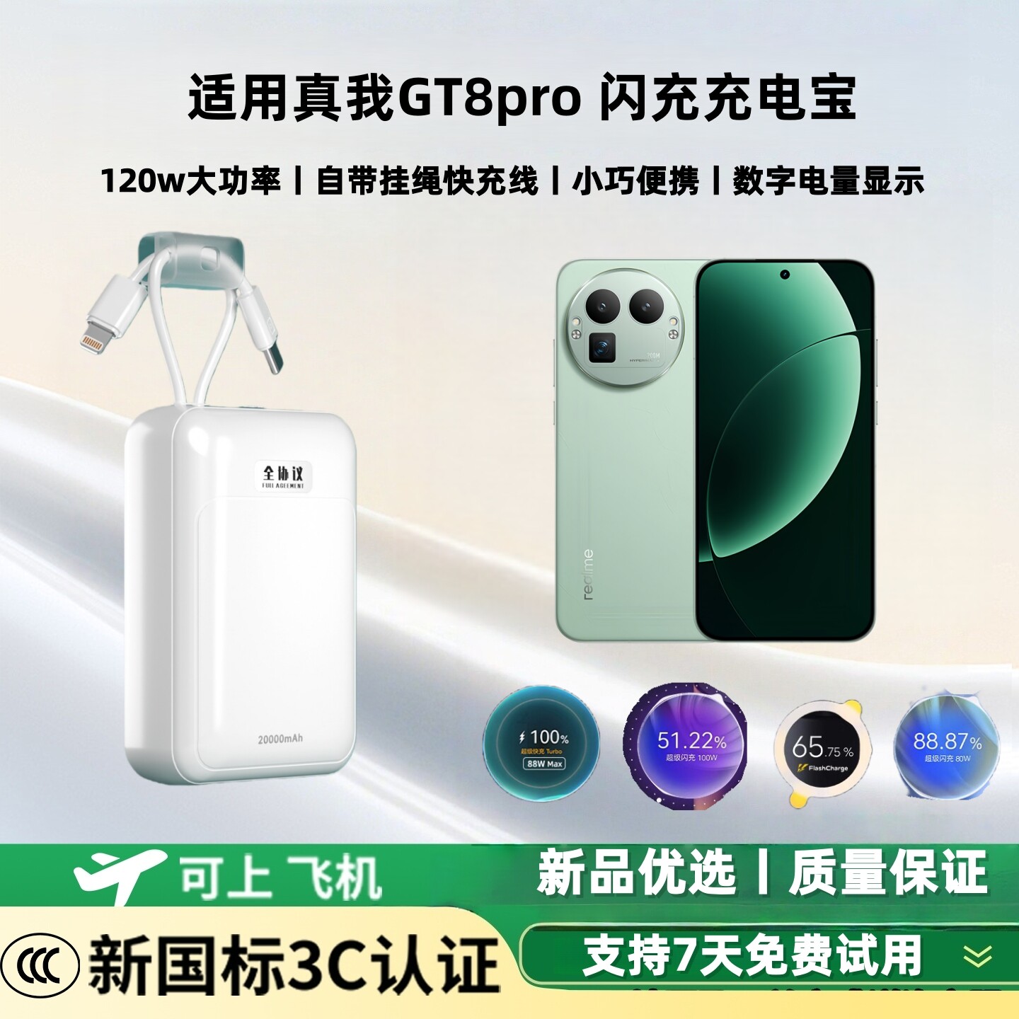 【新国标3c认证 可上飞机】适用真我gt8pro闪充充电宝120w/100w/80w超级双向快充大容量20000毫安移动电源