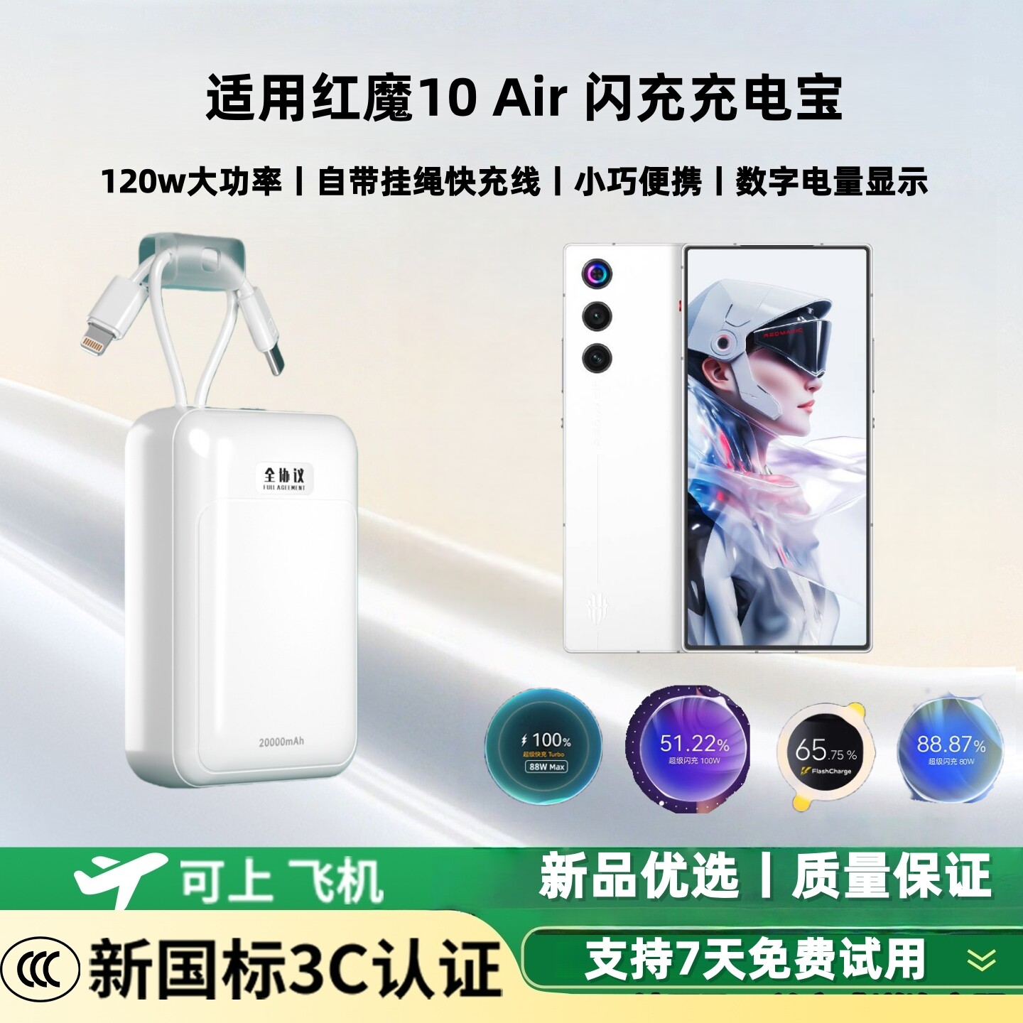 【新国标3c认证 可上飞机】适用红魔10air闪充充电宝120w/100w/80w超级双向快充大容量20000毫安移动电源