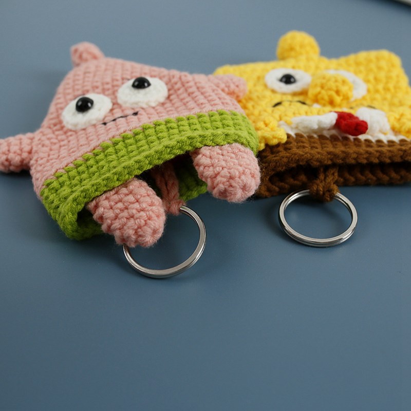 DIY手工派大星钥n匙包毛线编织材料包海绵宝宝钩织钥匙保护套成品