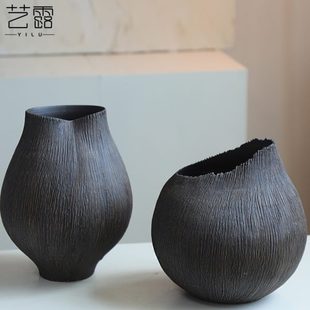饰品 现代陶罐粗陶黑咖色拉丝罐子复古花瓶高级感摆哑光中古花器装