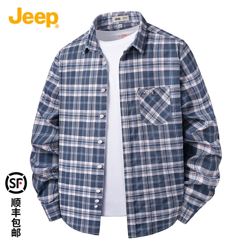 JEEP/吉普长袖衬衫男春夏纯棉宽松水洗开格子纹衬衣休闲打底衫