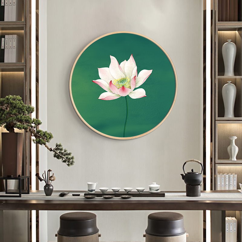 荷花新中式装饰画中国风客厅餐厅玄关卧室背景墙挂画圆形水墨画图片