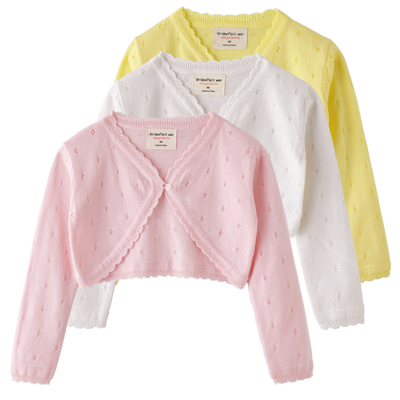 女童薄款针织开衫儿童短款毛线镂空披肩宝宝纯棉跳舞服外搭小外套